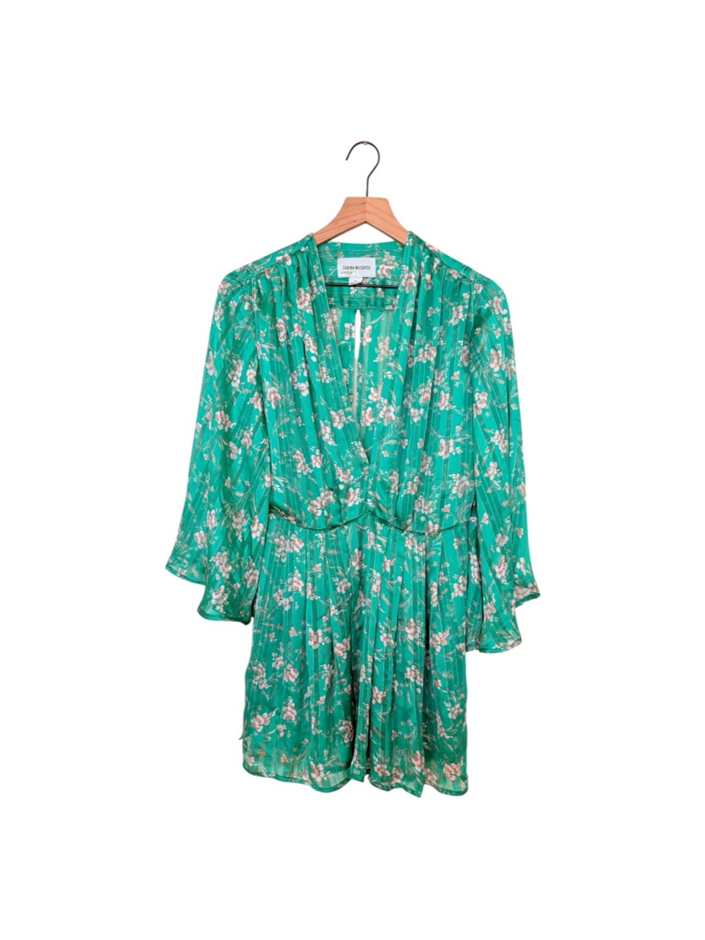 Sabina Musayev Green Floral Flared Sleeves Elastic Waist V-Neck Mini Dress M